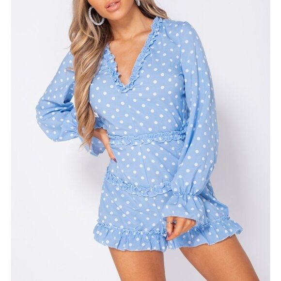 NWT NEW Parisian Light Blue Polka Dot Long Sleeve Backless Romper - Picture 3 of 9